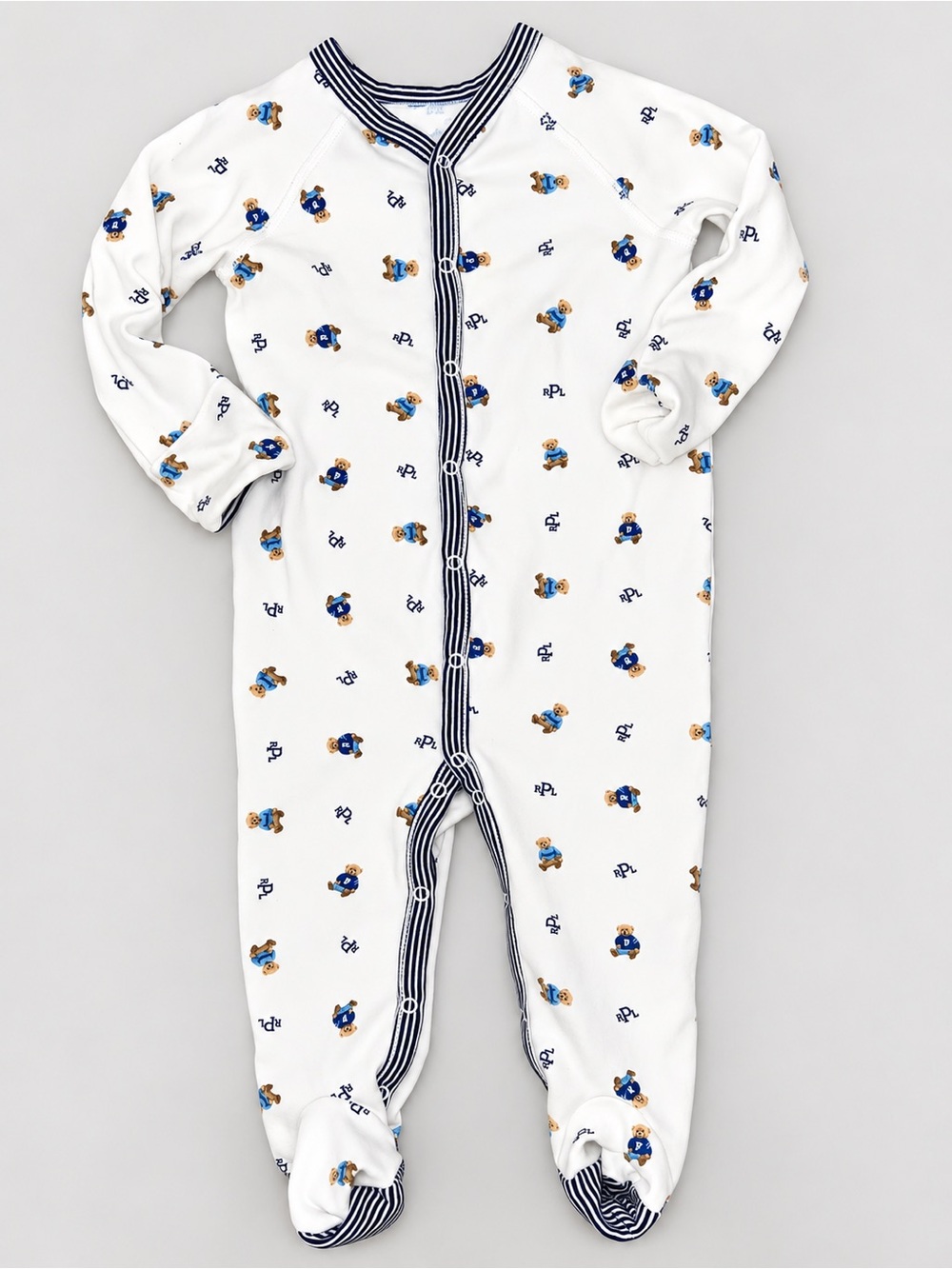 Ralph Lauren Baby Boys 9M Polo Bear Footed Sleeper Romper White Blue Cotton